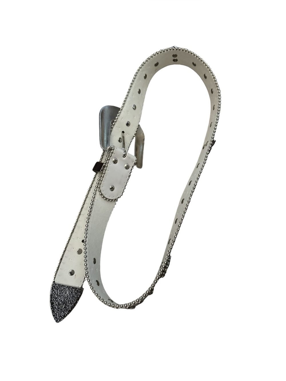 White Rhinestone Western Buckle Belt - Decorative Crosses & Silver Hardware - Picture 3 of 5